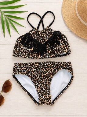 Art Class Girls Leopard Print Fringe Two-Piece Swimsuit Size 7/8